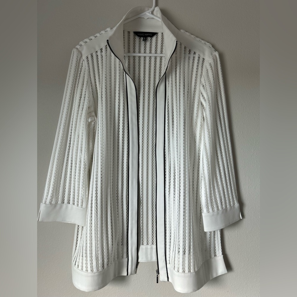 Ming Wang Full Zip Mesh Jacket Women's  M White w/Black Trim
3/4 Sleeves Classic - Picture 4 of 11